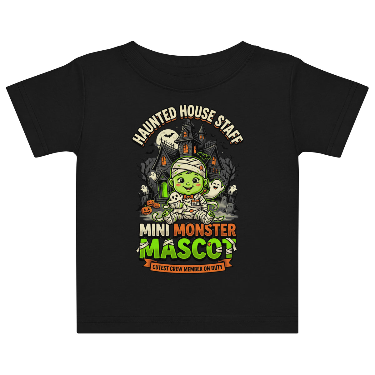 Haunted House Staff Lil Baby “Mini Monster Mascot” Baby Jersey T-Shirt with Mini Monster Mascot front design and matching LIL BABY back graphic for Halloween family outfits