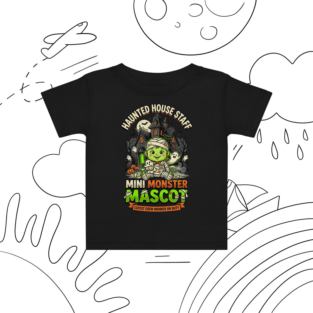Haunted House Staff Lil Baby “Mini Monster Mascot” Baby Jersey T-Shirt with Mini Monster Mascot front design and matching LIL BABY back graphic for Halloween family outfits