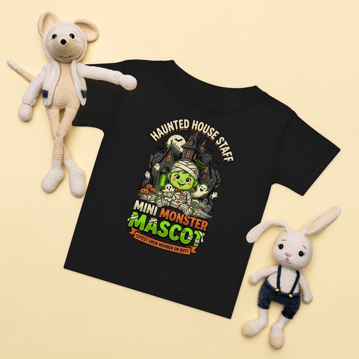 Haunted House Staff Lil Baby “Mini Monster Mascot” Baby Jersey T-Shirt with Mini Monster Mascot front design and matching LIL BABY back graphic for Halloween family outfits