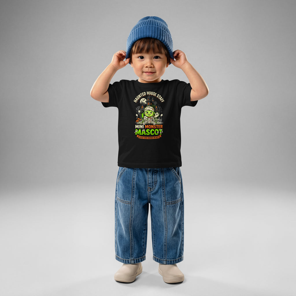 Haunted House Staff Lil Baby “Mini Monster Mascot” Baby Jersey T-Shirt with Mini Monster Mascot front design and matching LIL BABY back graphic for Halloween family outfits