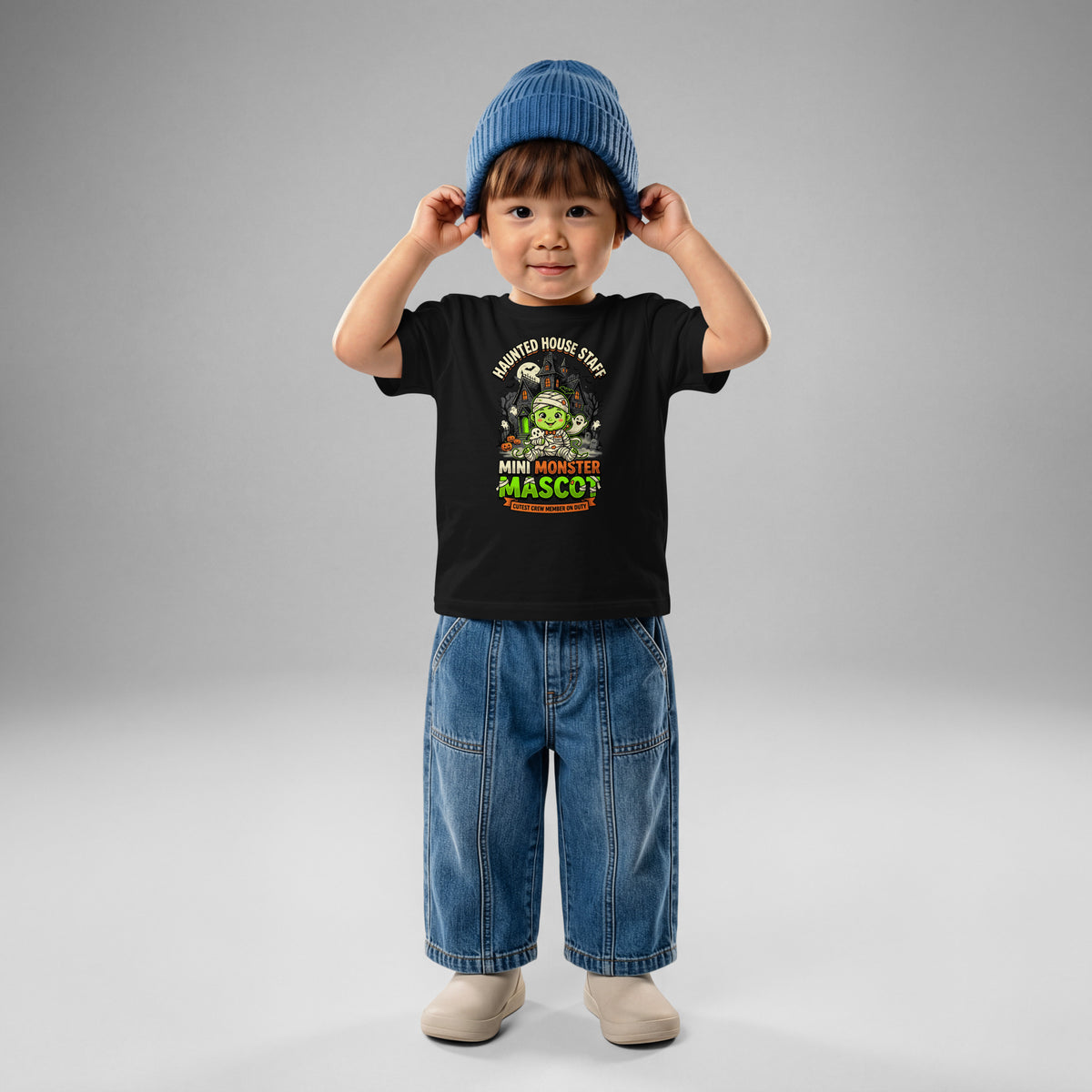 Haunted House Staff Lil Baby “Mini Monster Mascot” Baby Jersey T-Shirt with Mini Monster Mascot front design and matching LIL BABY back graphic for Halloween family outfits