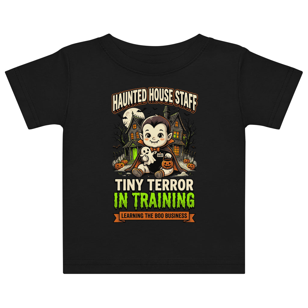 Haunted House Staff Baby “Tiny Terror in Training” Baby Jersey T-Shirt with Tiny Terror in Training front design and matching BABY back graphic for Halloween family outfits