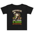 Haunted House Staff Baby “Tiny Terror in Training” Baby Jersey T-Shirt with Tiny Terror in Training front design and matching BABY back graphic for Halloween family outfits