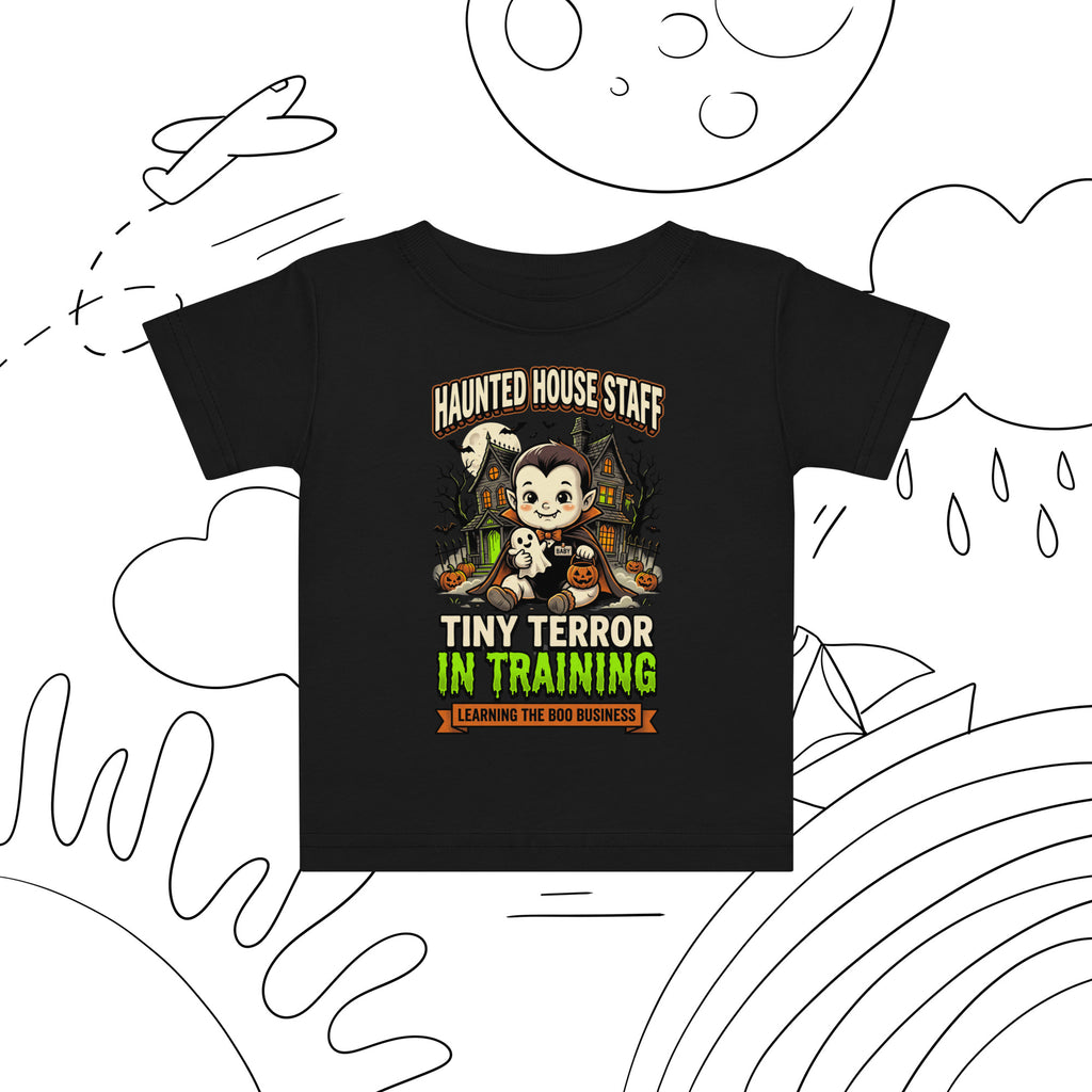 Haunted House Staff Baby “Tiny Terror in Training” Baby Jersey T-Shirt with Tiny Terror in Training front design and matching BABY back graphic for Halloween family outfits