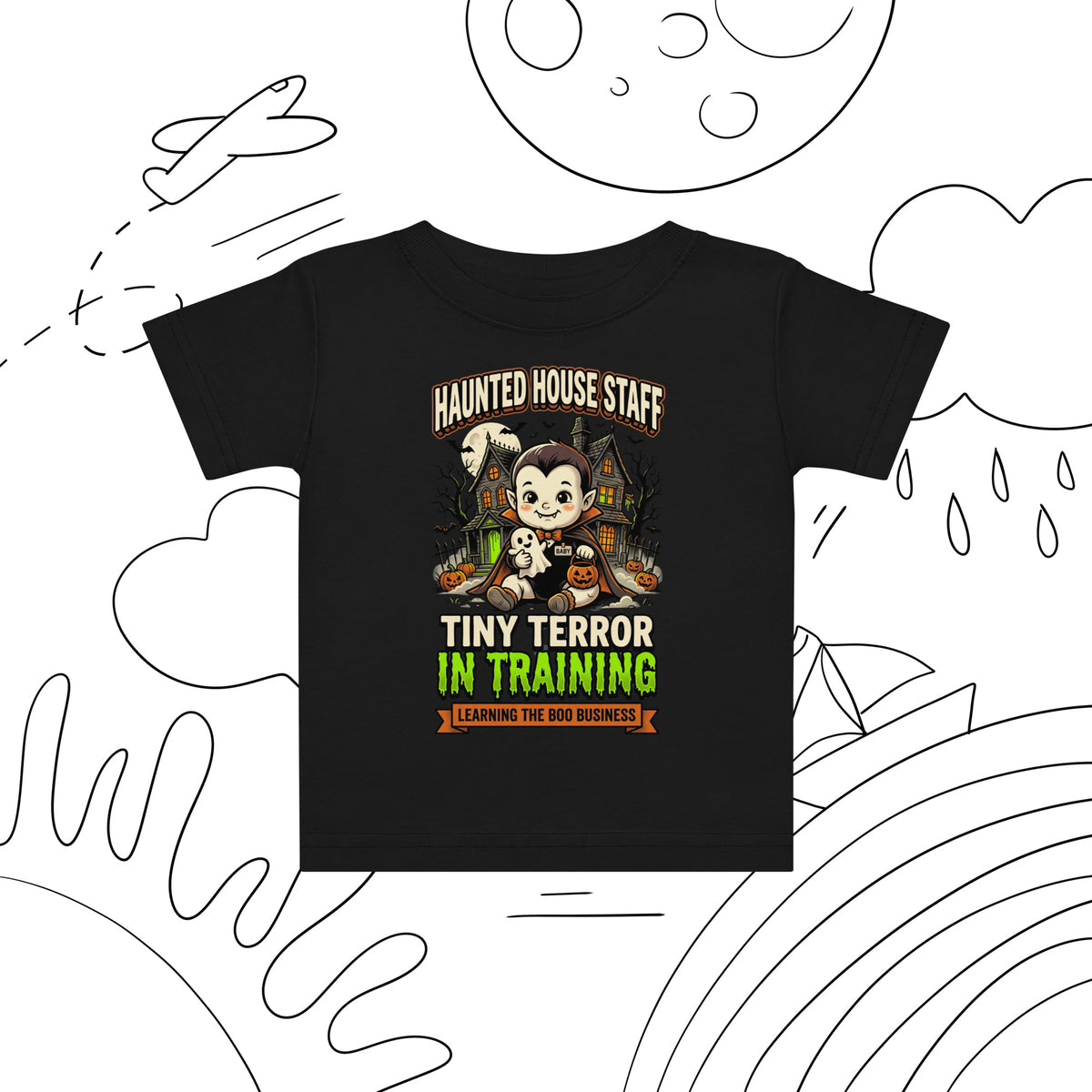 Haunted House Staff Baby “Tiny Terror in Training” Baby Jersey T-Shirt with Tiny Terror in Training front design and matching BABY back graphic for Halloween family outfits