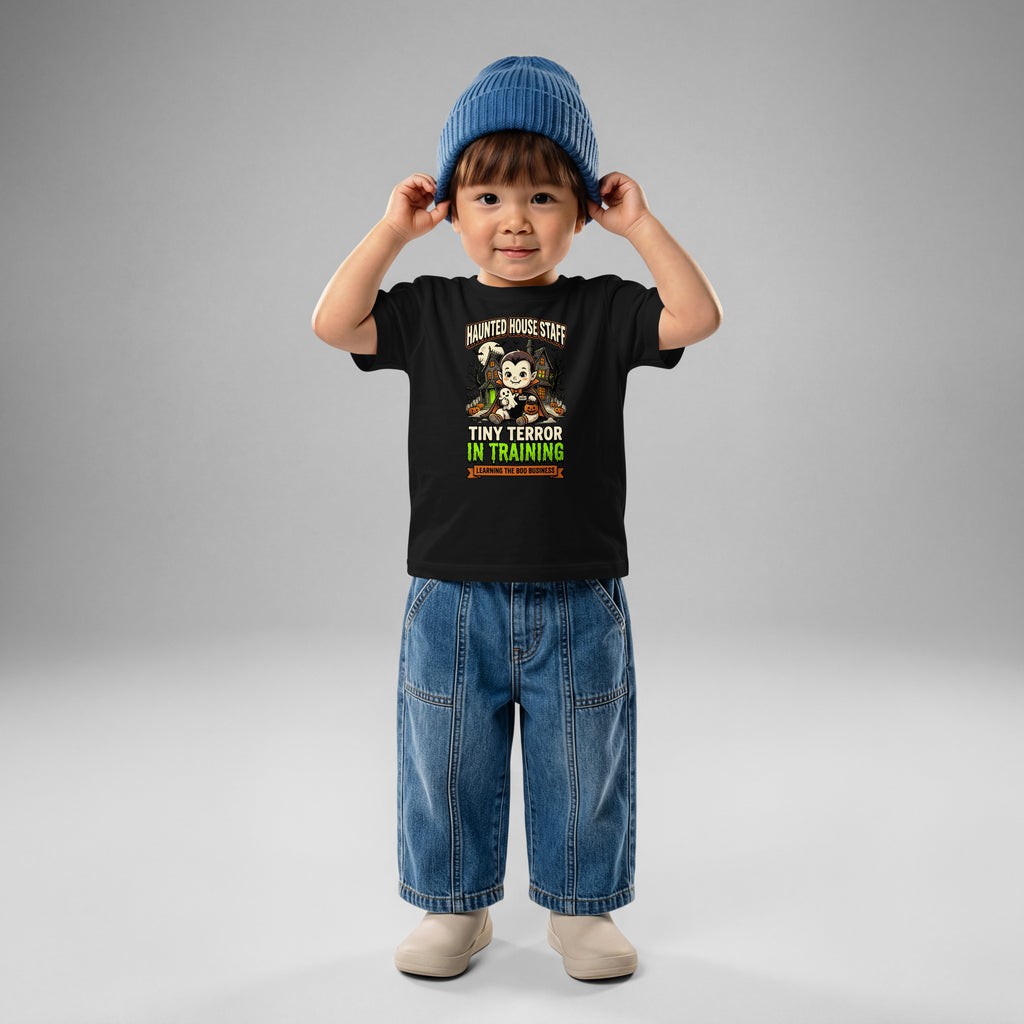 Haunted House Staff Baby “Tiny Terror in Training” Baby Jersey T-Shirt with Tiny Terror in Training front design and matching BABY back graphic for Halloween family outfits