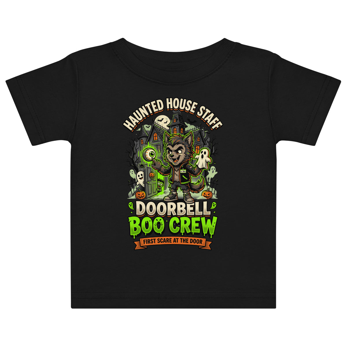 Haunted House Staff Lil Bro “Doorbell Boo Crew” Baby Jersey T-Shirt with Doorbell Boo Crew front design and matching LIL BRO back graphic for Halloween family outfits