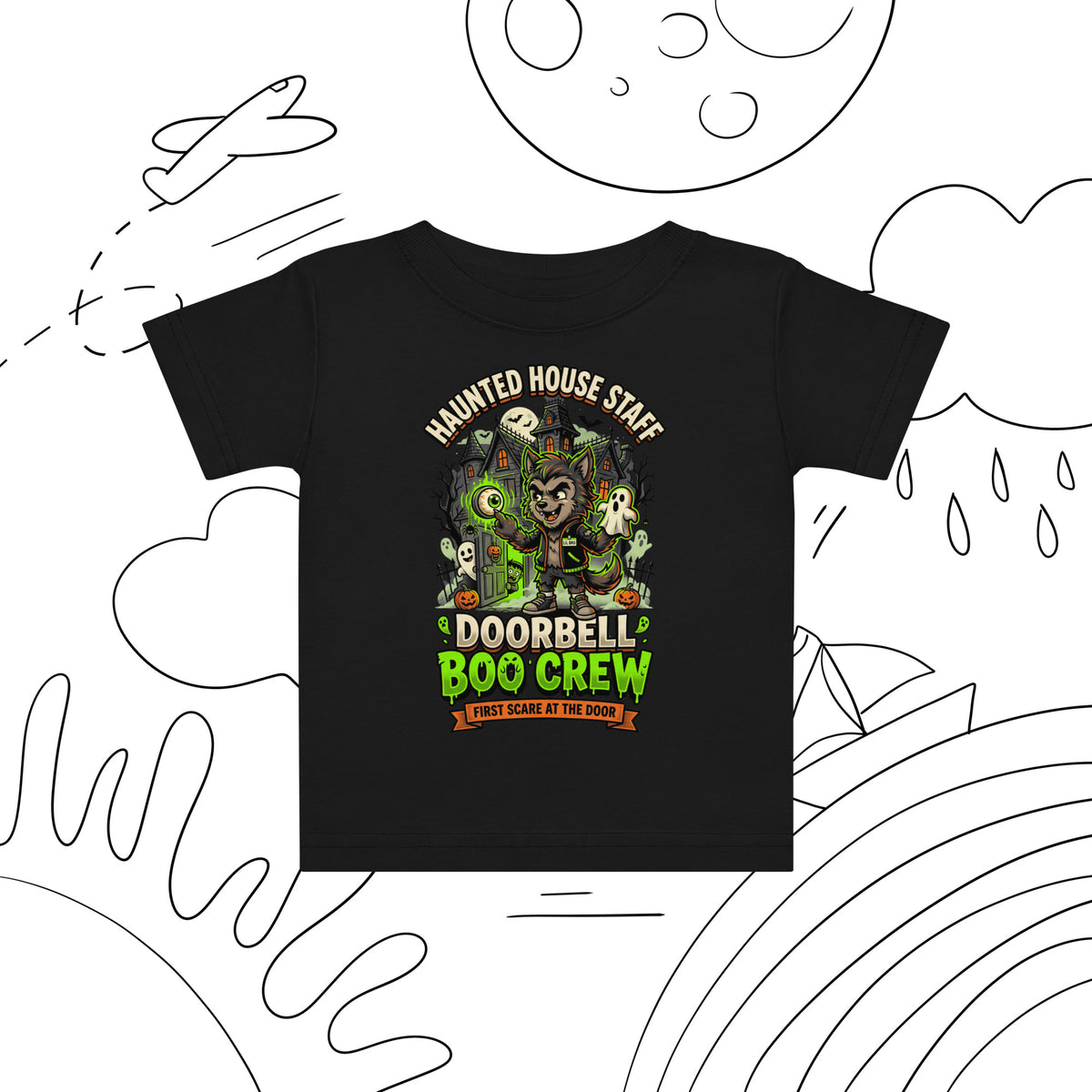 Haunted House Staff Lil Bro “Doorbell Boo Crew” Baby Jersey T-Shirt with Doorbell Boo Crew front design and matching LIL BRO back graphic for Halloween family outfits