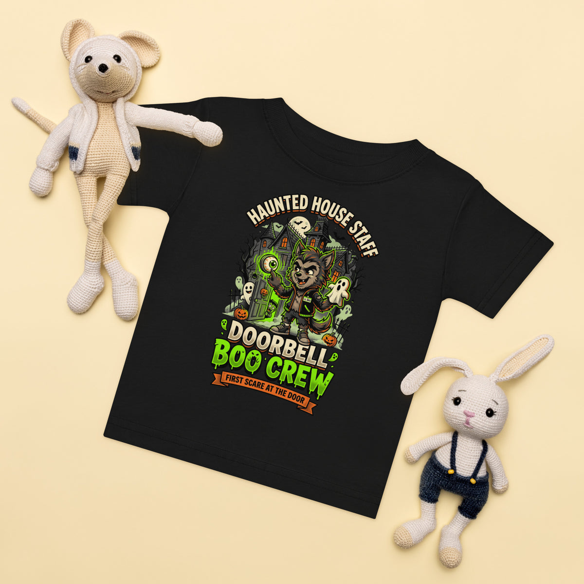 Haunted House Staff Lil Bro “Doorbell Boo Crew” Baby Jersey T-Shirt with Doorbell Boo Crew front design and matching LIL BRO back graphic for Halloween family outfits