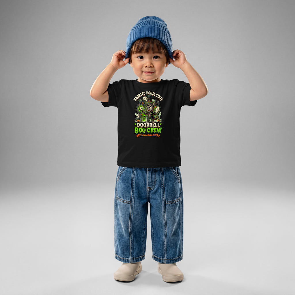 Haunted House Staff Lil Bro “Doorbell Boo Crew” Baby Jersey T-Shirt with Doorbell Boo Crew front design and matching LIL BRO back graphic for Halloween family outfits