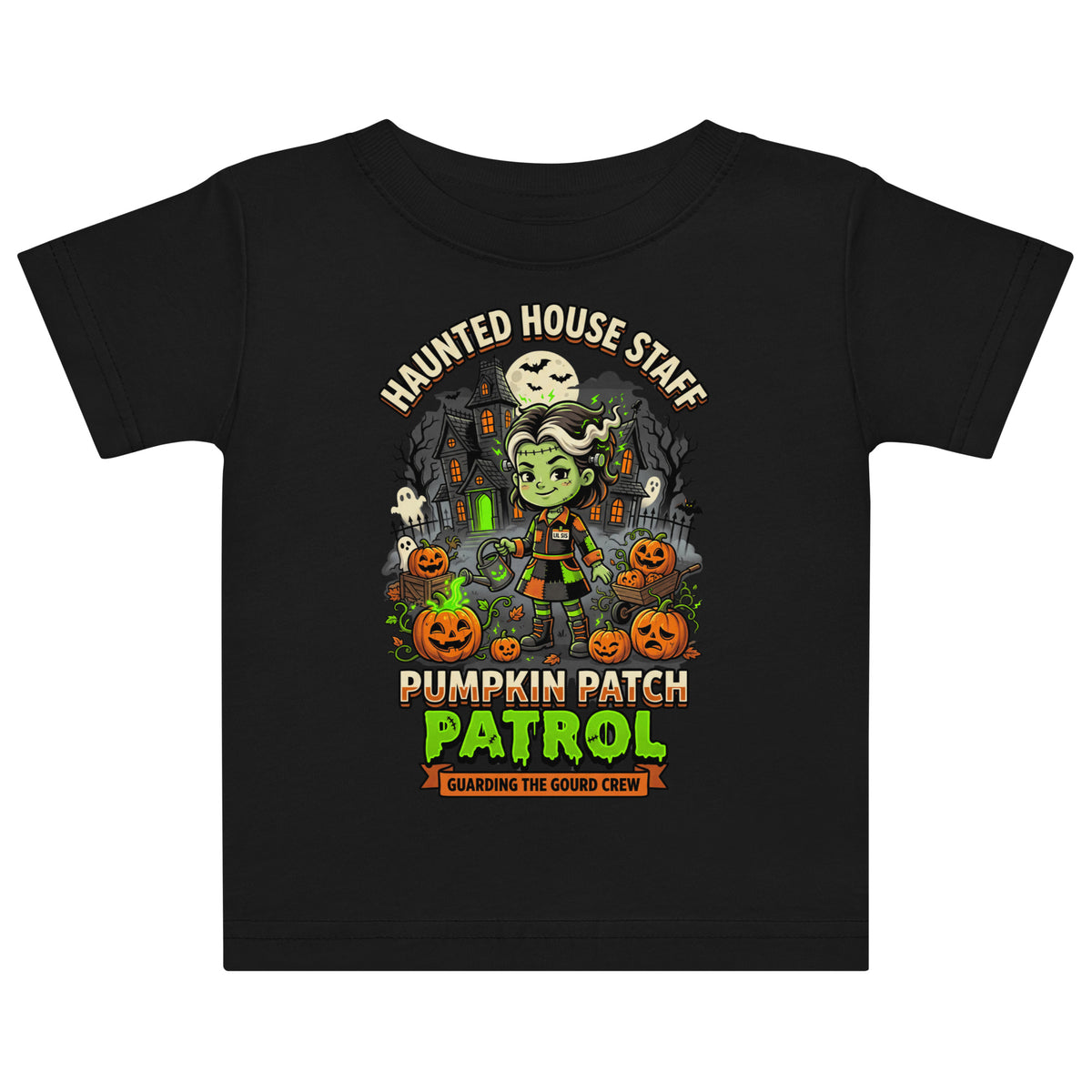 Haunted House Staff Lil Sis “Pumpkin Patch Patrol” Baby Jersey T-Shirt with Pumpkin Patch Patrol front design and matching LIL SIS back graphic for Halloween family outfits