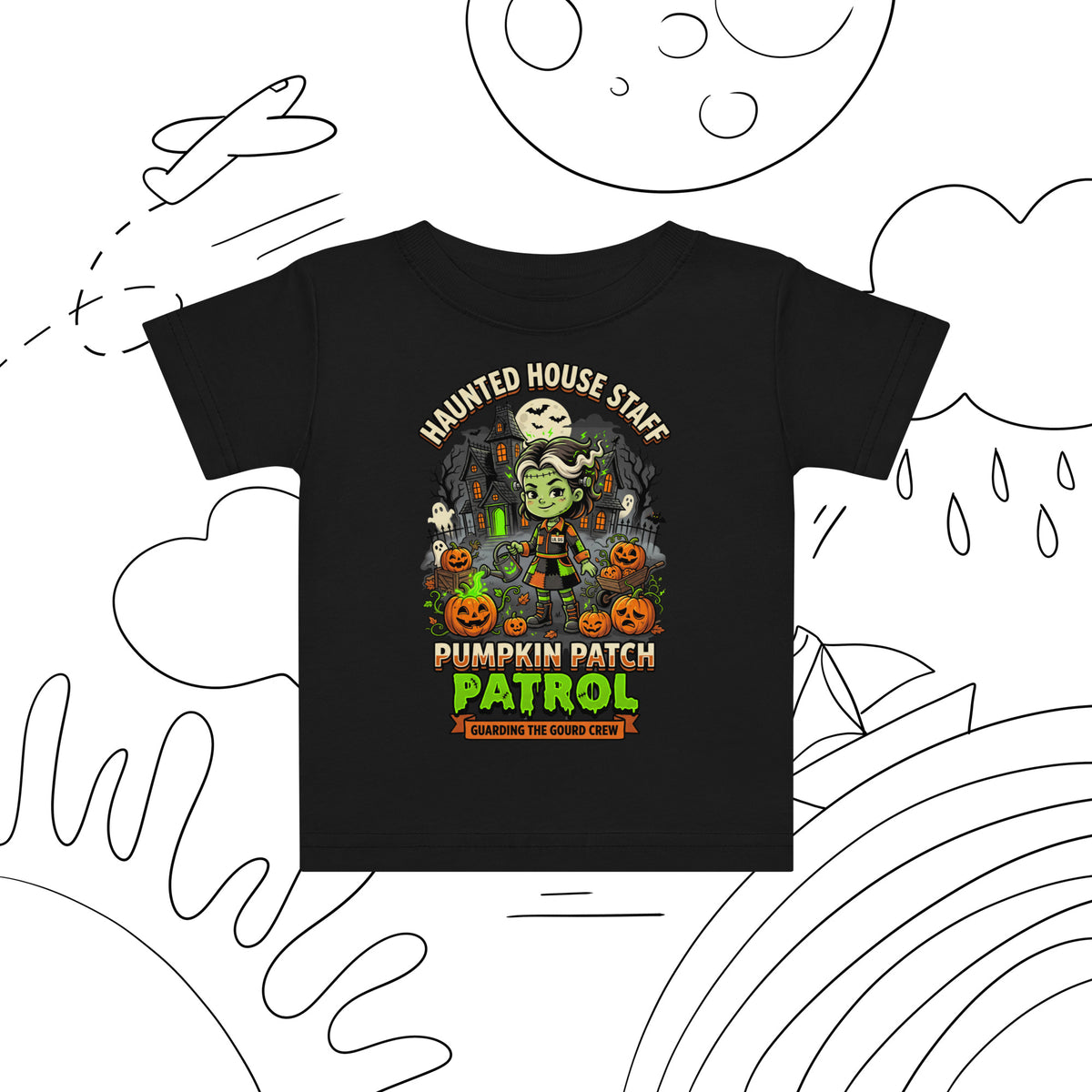 Haunted House Staff Lil Sis “Pumpkin Patch Patrol” Baby Jersey T-Shirt with Pumpkin Patch Patrol front design and matching LIL SIS back graphic for Halloween family outfits