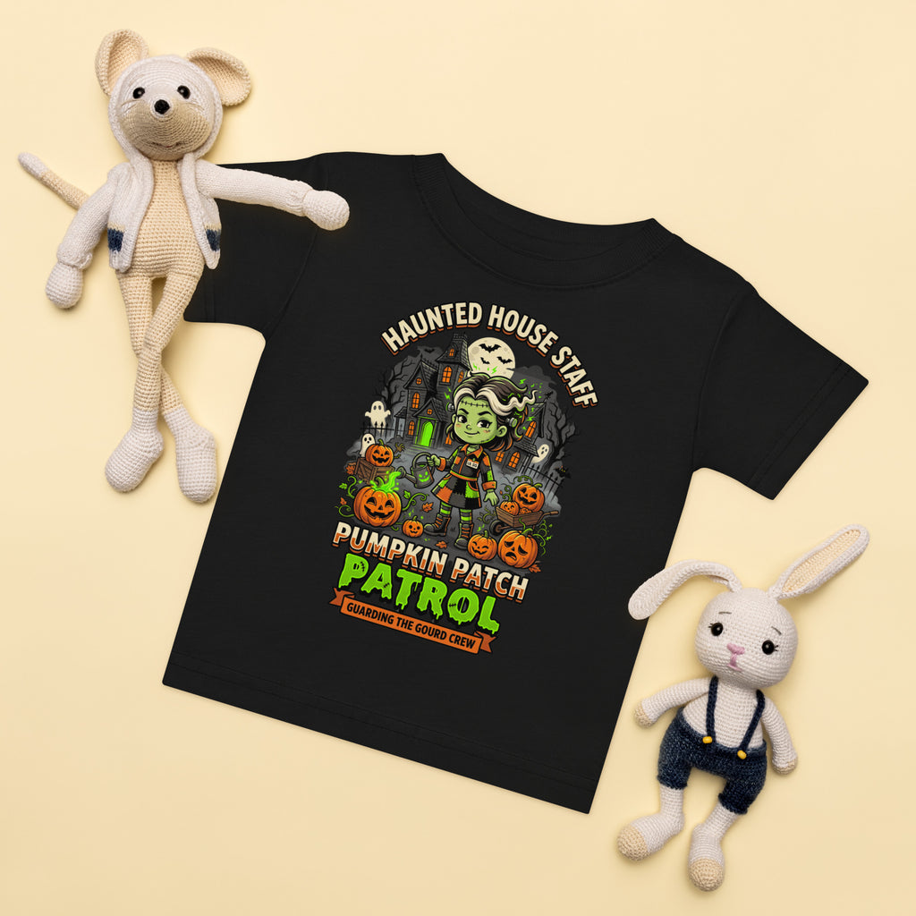 Haunted House Staff Lil Sis “Pumpkin Patch Patrol” Baby Jersey T-Shirt with Pumpkin Patch Patrol front design and matching LIL SIS back graphic for Halloween family outfits