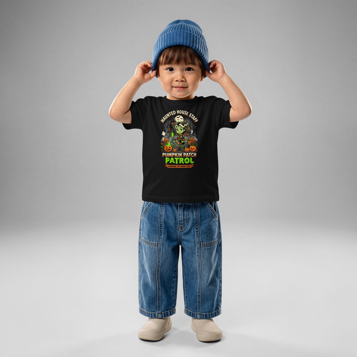 Haunted House Staff Lil Sis “Pumpkin Patch Patrol” Baby Jersey T-Shirt with Pumpkin Patch Patrol front design and matching LIL SIS back graphic for Halloween family outfits