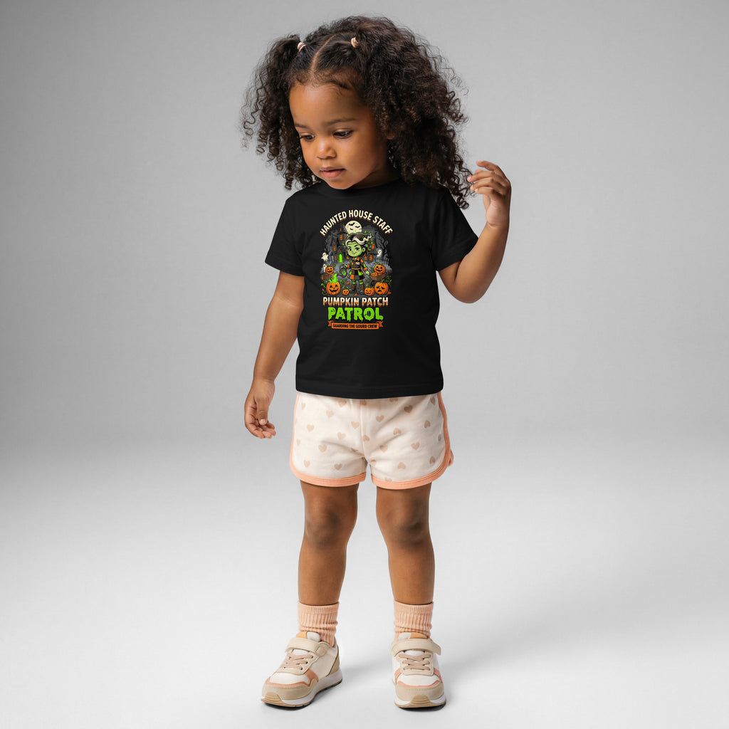 Haunted House Staff Lil Sis “Pumpkin Patch Patrol” Baby Jersey T-Shirt with Pumpkin Patch Patrol front design and matching LIL SIS back graphic for Halloween family outfits