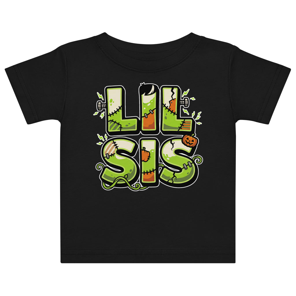 LIL SIS Halloween monster name Baby Jersey T-Shirt in Black with spooky front lettering and blank back