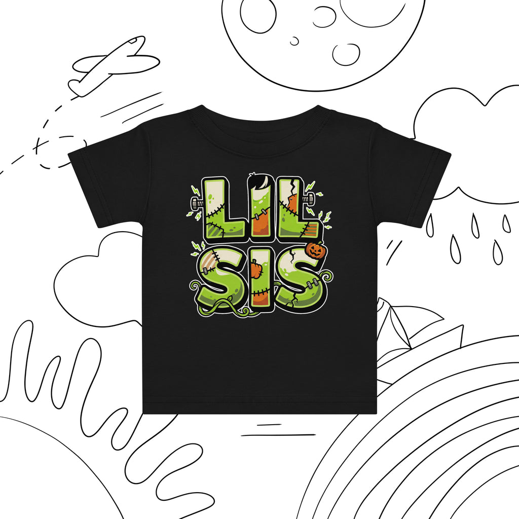 LIL SIS Halloween monster name Baby Jersey T-Shirt in Charcoal with spooky front lettering and blank back