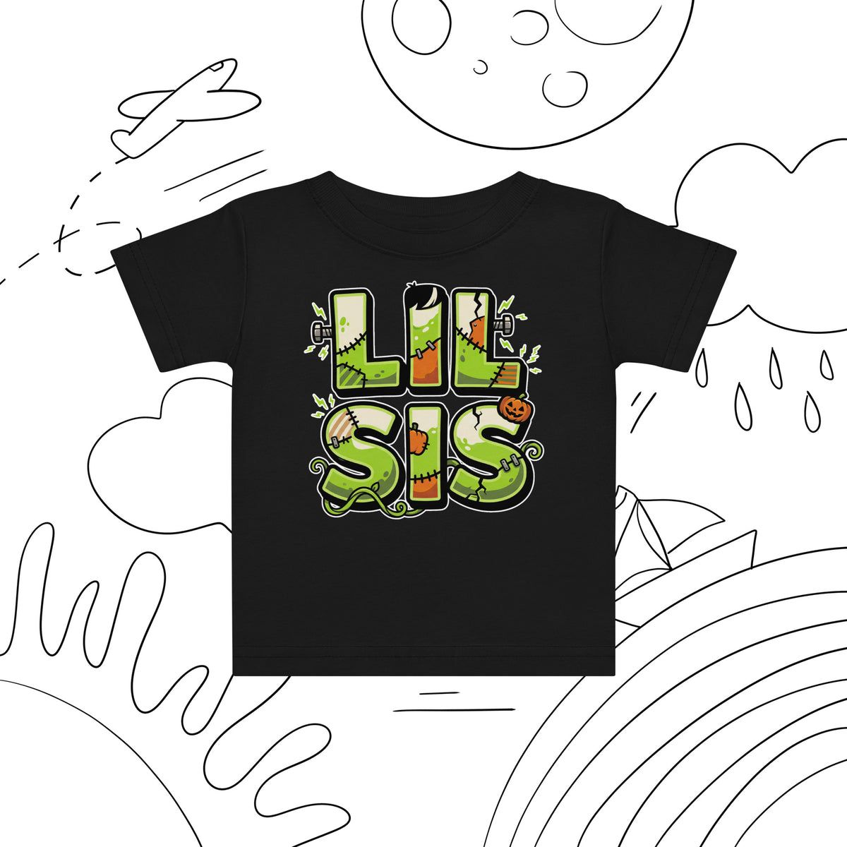 LIL SIS Halloween monster name Baby Jersey T-Shirt in Charcoal with spooky front lettering and blank back