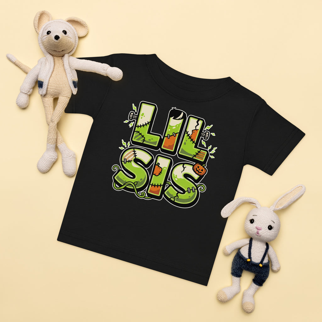 LIL SIS Halloween monster name Baby Jersey T-Shirt in White with spooky front lettering and blank back
