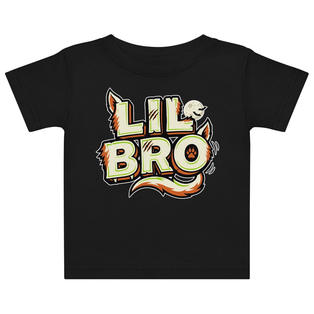LIL BRO Halloween monster name Baby Jersey T-Shirt in Black with spooky front lettering and blank back