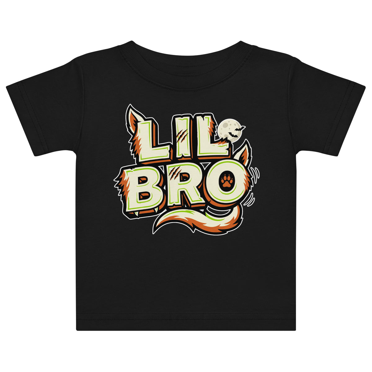 LIL BRO Halloween monster name Baby Jersey T-Shirt in Black with spooky front lettering and blank back