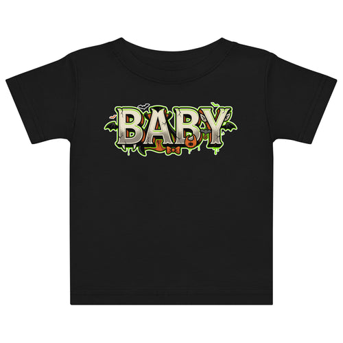 BABY Halloween monster name Baby Jersey T-Shirt in Black with spooky front lettering and blank back