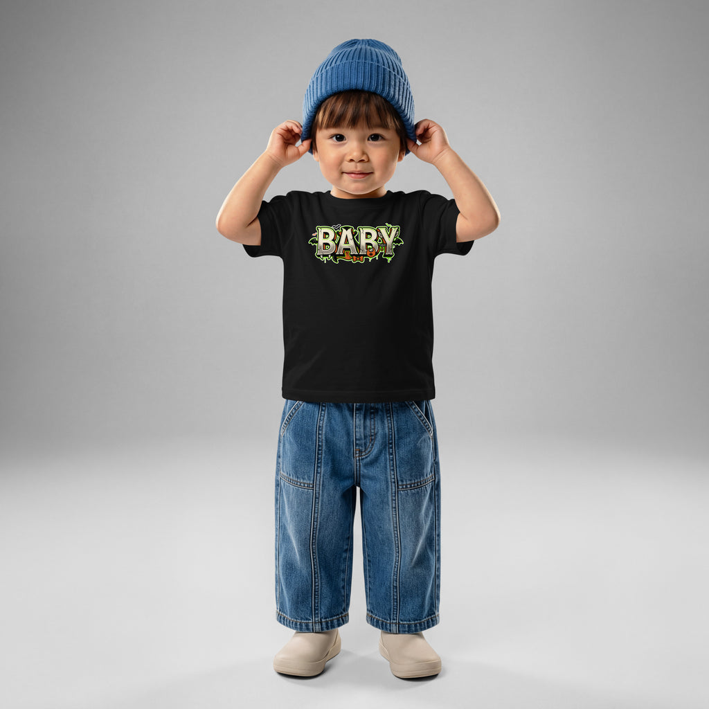 BABY Halloween monster name Baby Jersey T-Shirt in Charcoal with spooky front lettering and blank back