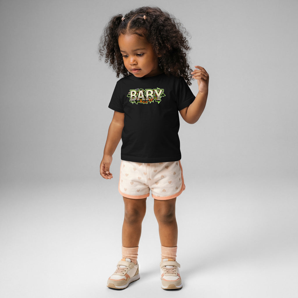 BABY Halloween monster name Baby Jersey T-Shirt in White with spooky front lettering and blank back