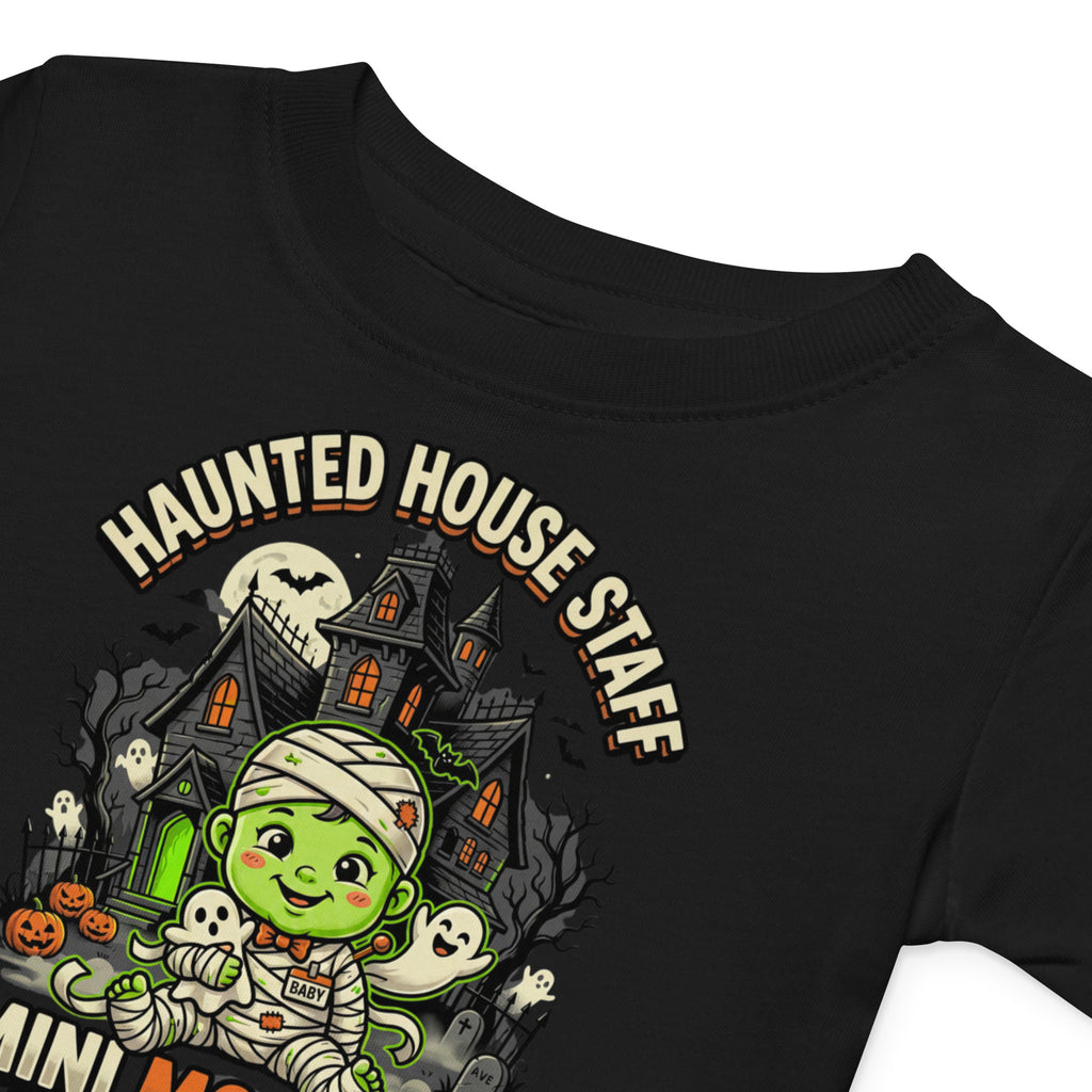Haunted House Staff Lil Baby “Mini Monster Mascot” Baby Jersey T-Shirt with Mini Monster Mascot front design and matching LIL BABY back graphic for Halloween family outfits
