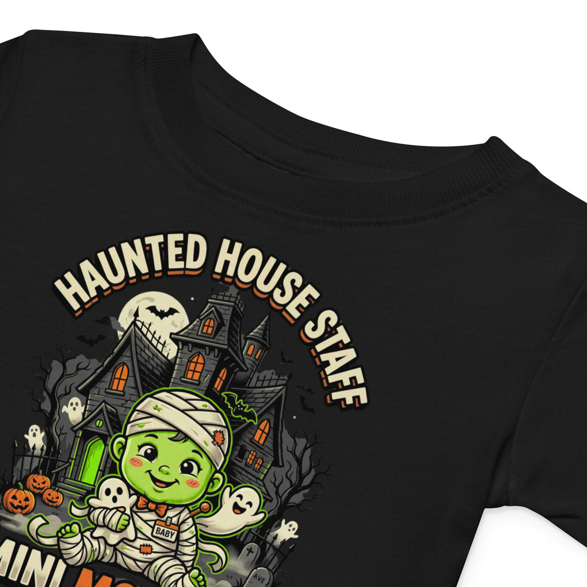 Haunted House Staff Lil Baby “Mini Monster Mascot” Baby Jersey T-Shirt with Mini Monster Mascot front design and matching LIL BABY back graphic for Halloween family outfits