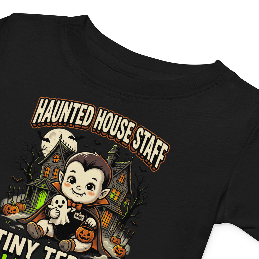 Haunted House Staff Baby “Tiny Terror in Training” Baby Jersey T-Shirt with Tiny Terror in Training front design and matching BABY back graphic for Halloween family outfits