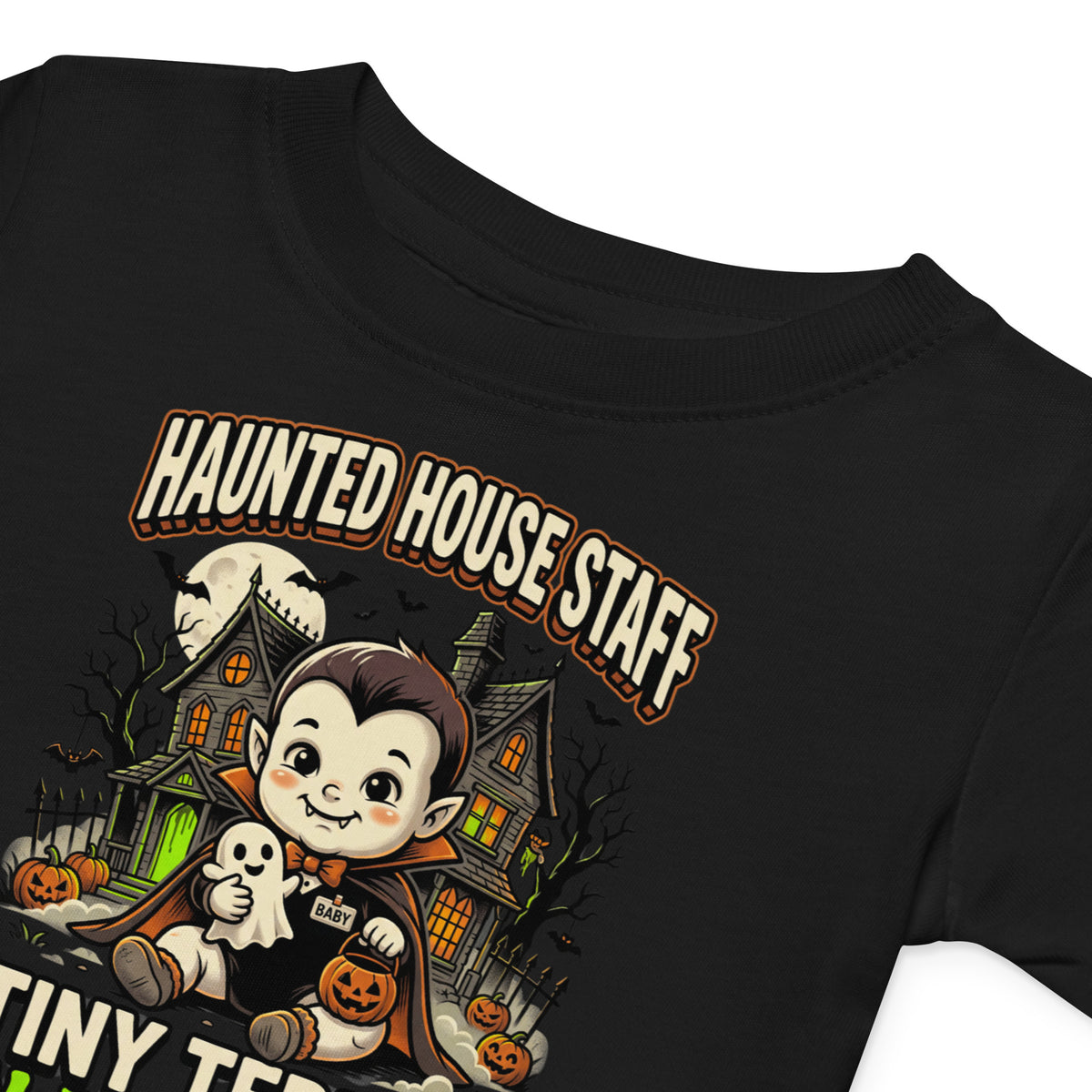 Haunted House Staff Baby “Tiny Terror in Training” Baby Jersey T-Shirt with Tiny Terror in Training front design and matching BABY back graphic for Halloween family outfits