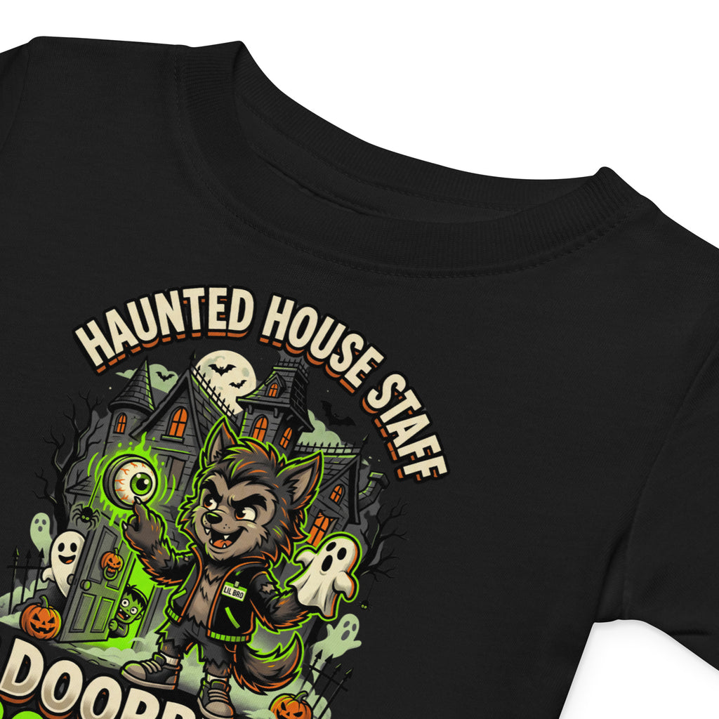 Haunted House Staff Lil Bro “Doorbell Boo Crew” Baby Jersey T-Shirt with Doorbell Boo Crew front design and matching LIL BRO back graphic for Halloween family outfits