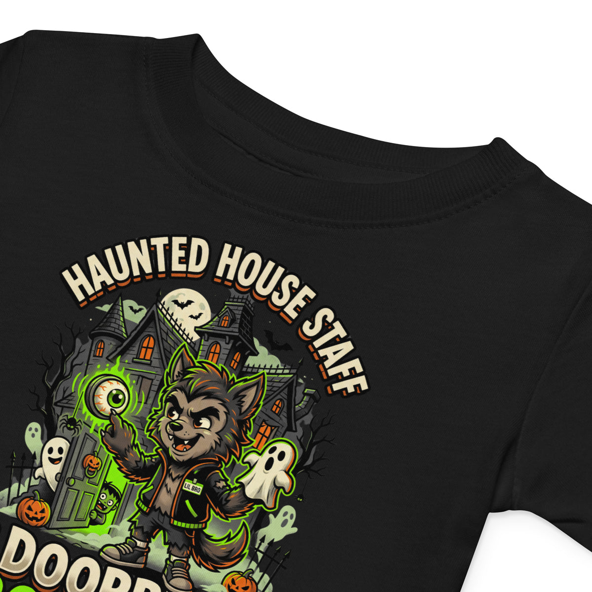 Haunted House Staff Lil Bro “Doorbell Boo Crew” Baby Jersey T-Shirt with Doorbell Boo Crew front design and matching LIL BRO back graphic for Halloween family outfits