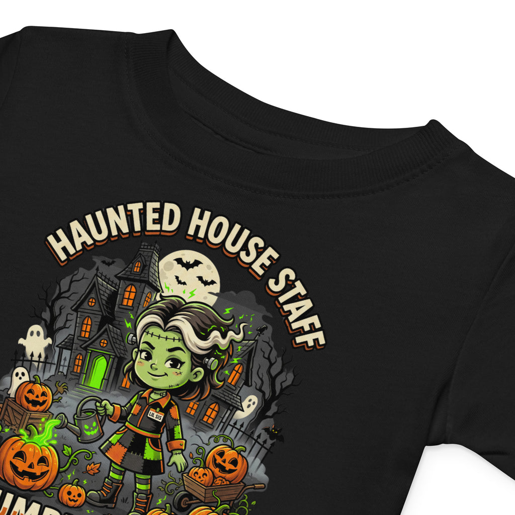 Haunted House Staff Lil Sis “Pumpkin Patch Patrol” Baby Jersey T-Shirt with Pumpkin Patch Patrol front design and matching LIL SIS back graphic for Halloween family outfits