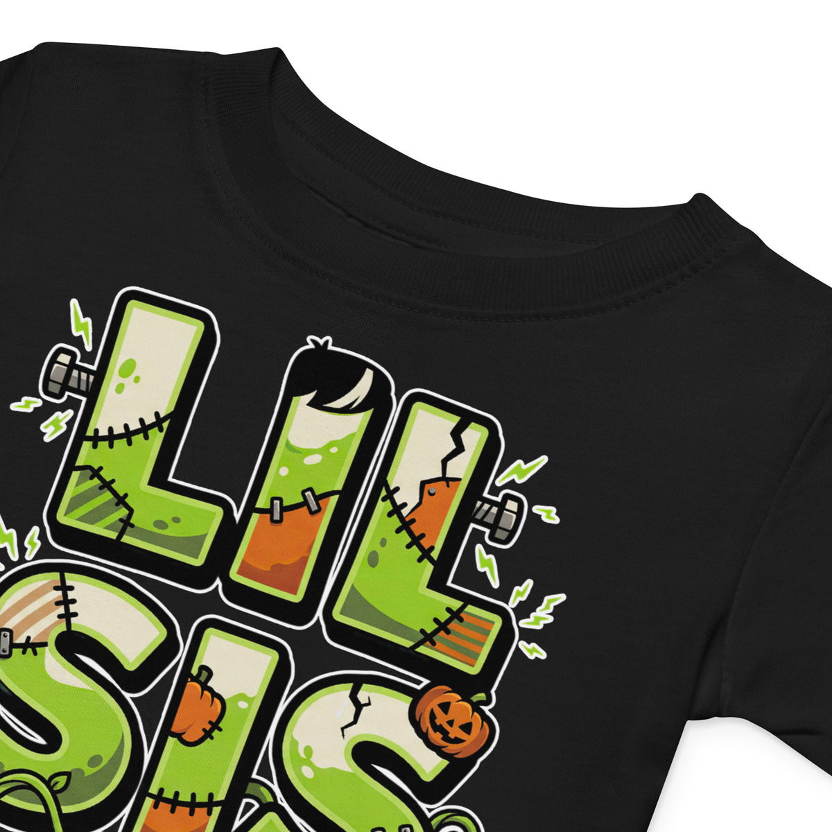 LIL SIS Halloween monster name Baby Jersey T-Shirt with spooky front lettering and blank back