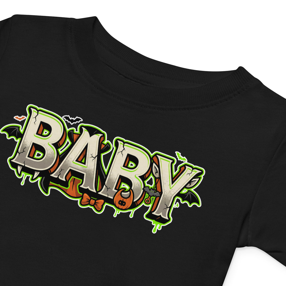 BABY Halloween monster name Baby Jersey T-Shirt with spooky front lettering and blank back