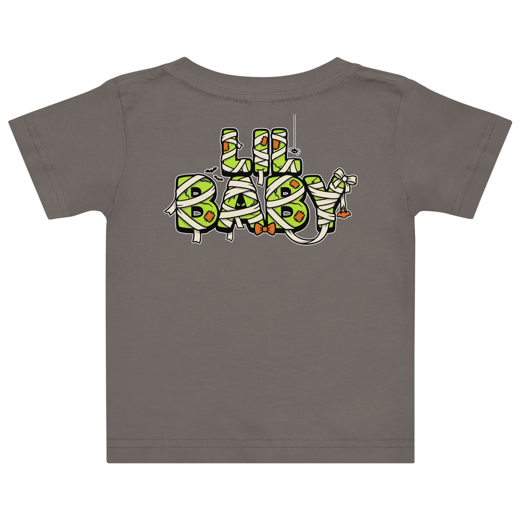 Haunted House Staff Lil Baby “Mini Monster Mascot” Baby Jersey T-Shirt with Mini Monster Mascot front design and matching LIL BABY back graphic for Halloween family outfits