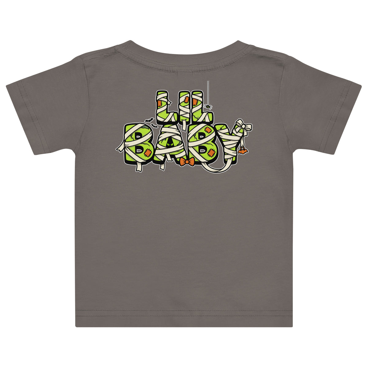 Haunted House Staff Lil Baby “Mini Monster Mascot” Baby Jersey T-Shirt with Mini Monster Mascot front design and matching LIL BABY back graphic for Halloween family outfits