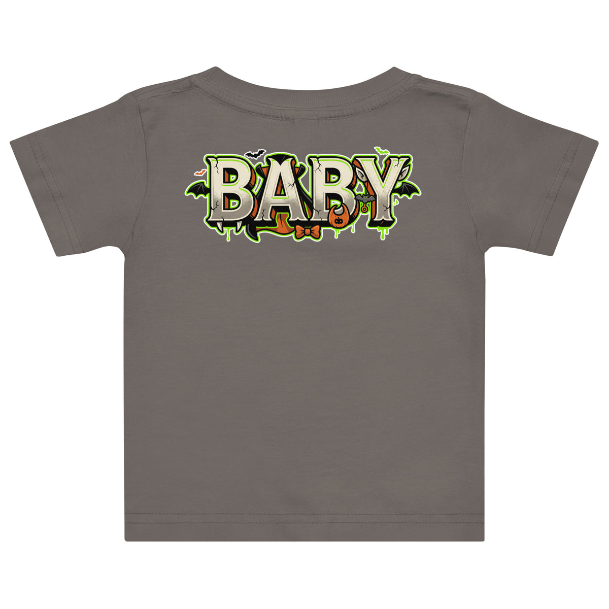Haunted House Staff Baby “Tiny Terror in Training” Baby Jersey T-Shirt with Tiny Terror in Training front design and matching BABY back graphic for Halloween family outfits