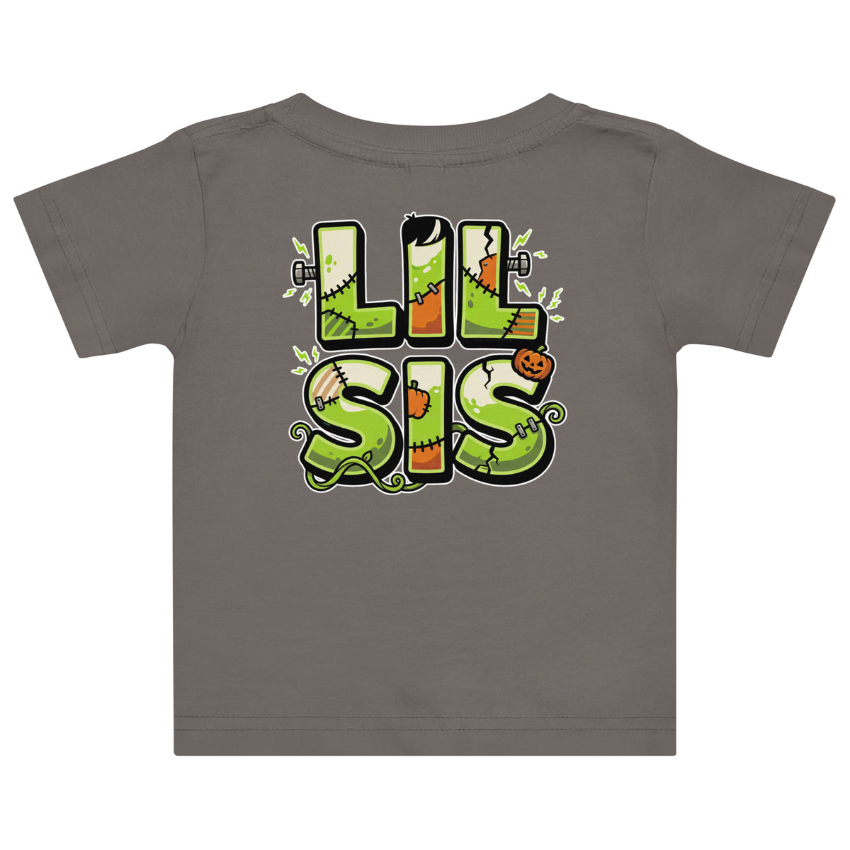 Haunted House Staff Lil Sis “Pumpkin Patch Patrol” Baby Jersey T-Shirt with Pumpkin Patch Patrol front design and matching LIL SIS back graphic for Halloween family outfits