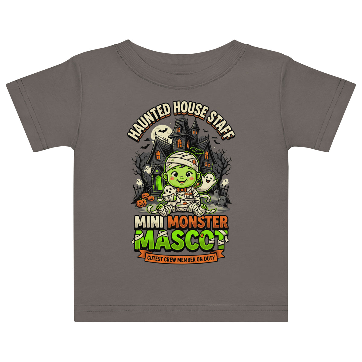 Haunted House Staff Lil Baby “Mini Monster Mascot” Baby Jersey T-Shirt with Mini Monster Mascot front design and matching LIL BABY back graphic for Halloween family outfits