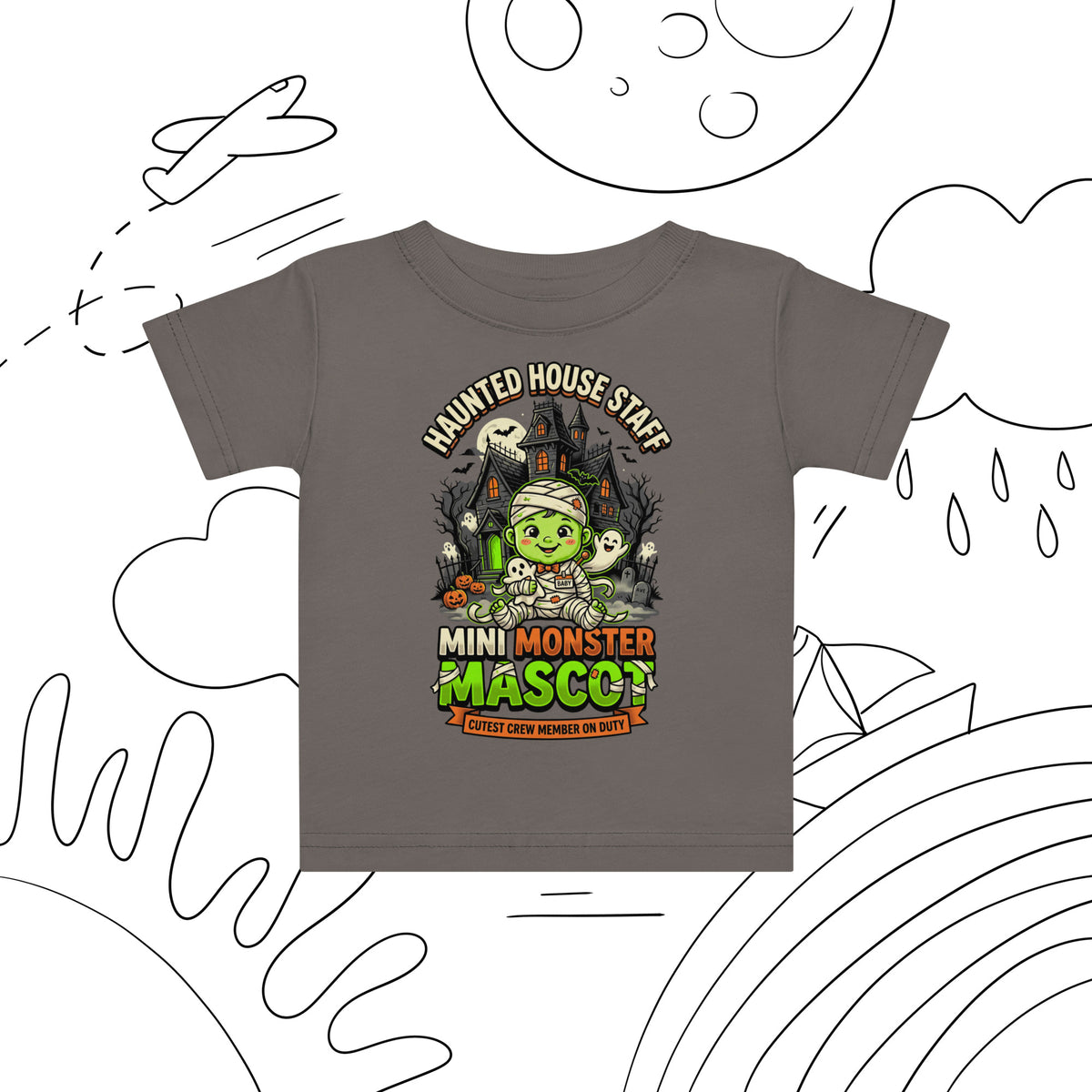 Haunted House Staff Lil Baby “Mini Monster Mascot” Baby Jersey T-Shirt with Mini Monster Mascot front design and matching LIL BABY back graphic for Halloween family outfits