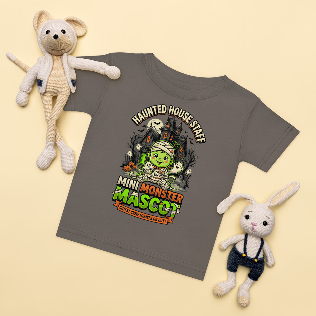 Haunted House Staff Lil Baby “Mini Monster Mascot” Baby Jersey T-Shirt with Mini Monster Mascot front design and matching LIL BABY back graphic for Halloween family outfits