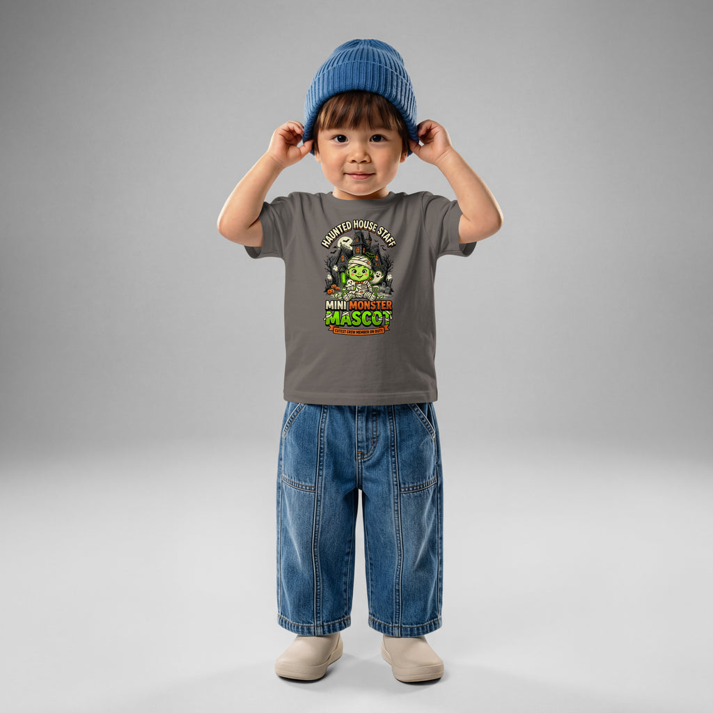 Haunted House Staff Lil Baby “Mini Monster Mascot” Baby Jersey T-Shirt with Mini Monster Mascot front design and matching LIL BABY back graphic for Halloween family outfits