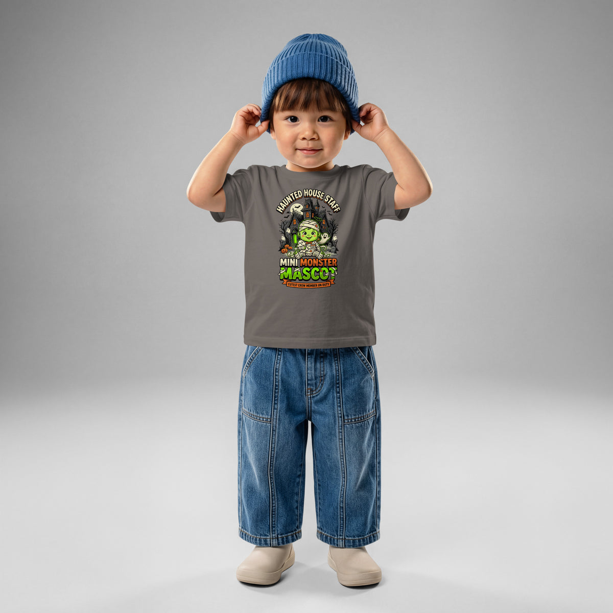 Haunted House Staff Lil Baby “Mini Monster Mascot” Baby Jersey T-Shirt with Mini Monster Mascot front design and matching LIL BABY back graphic for Halloween family outfits