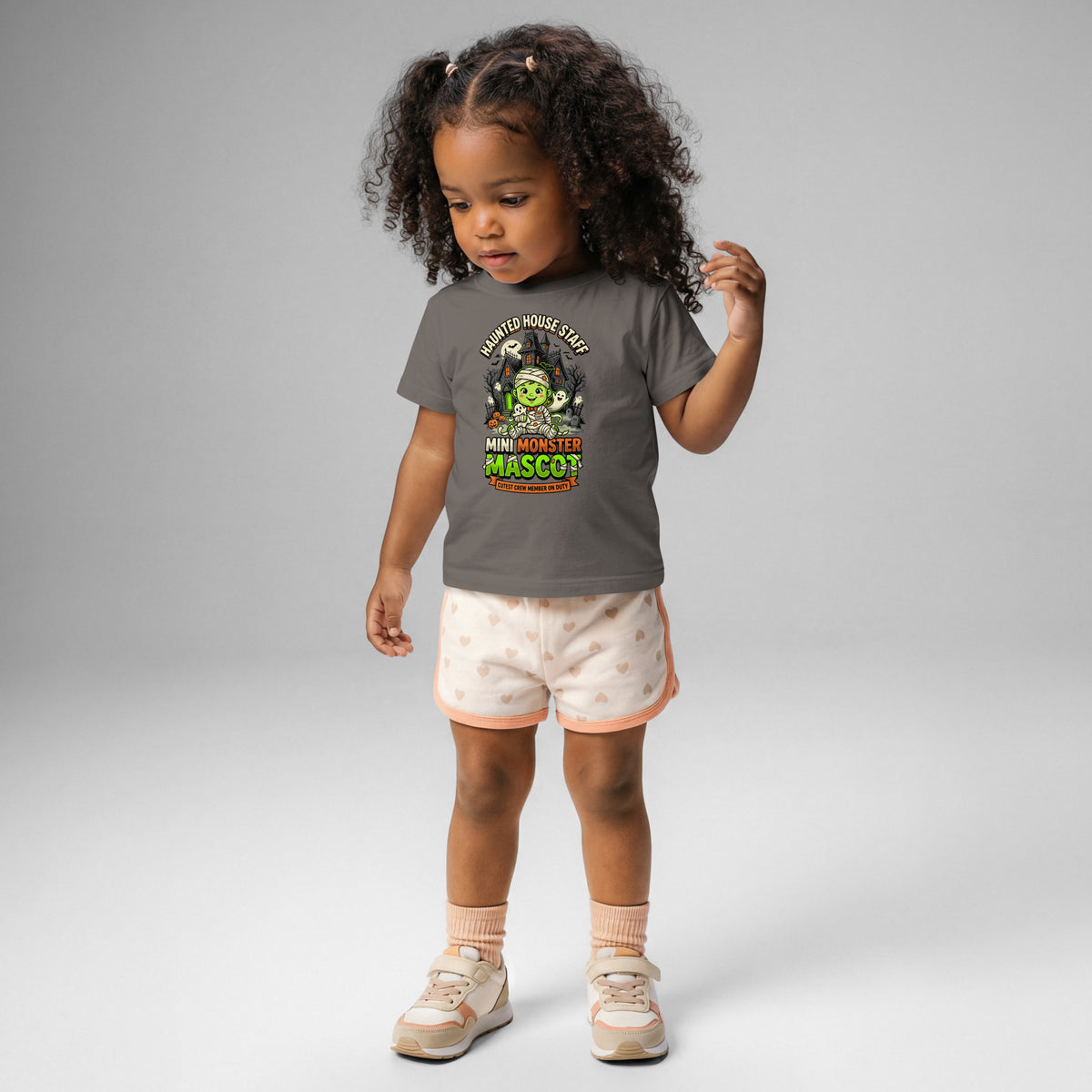 Haunted House Staff Lil Baby “Mini Monster Mascot” Baby Jersey T-Shirt with Mini Monster Mascot front design and matching LIL BABY back graphic for Halloween family outfits