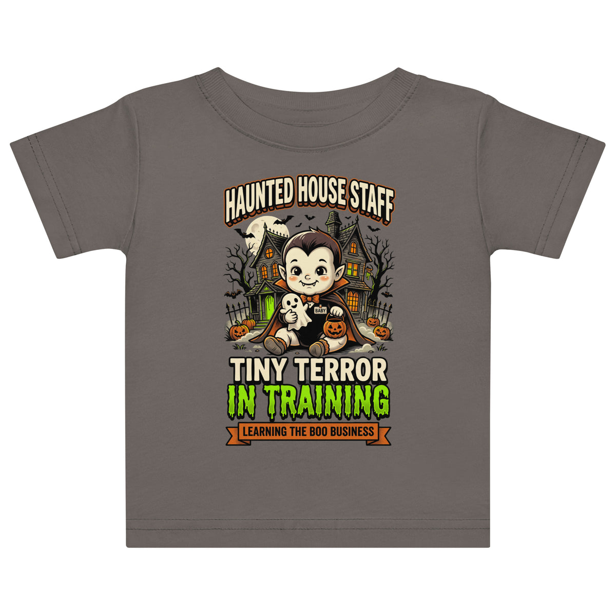 Haunted House Staff Baby “Tiny Terror in Training” Baby Jersey T-Shirt with Tiny Terror in Training front design and matching BABY back graphic for Halloween family outfits
