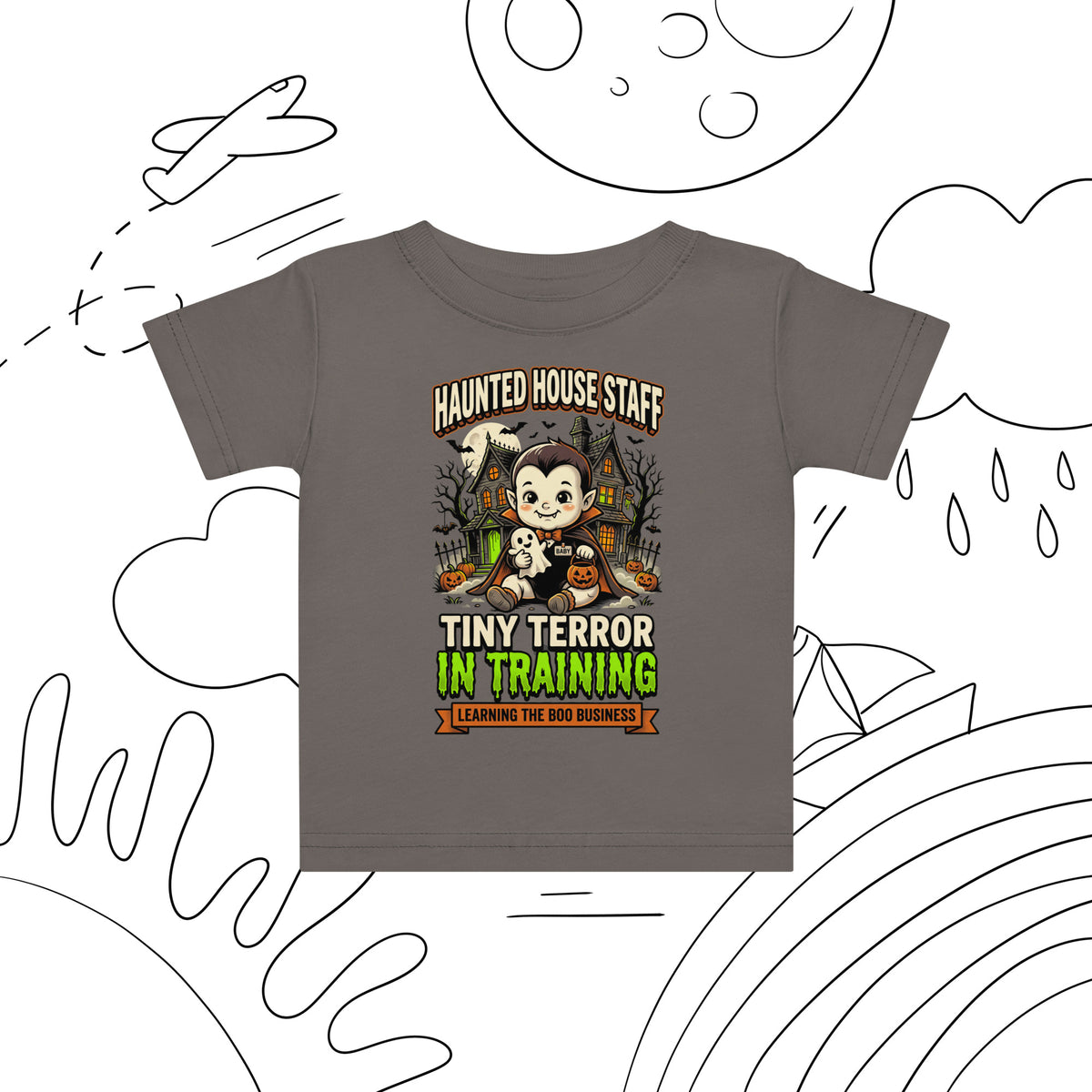 Haunted House Staff Baby “Tiny Terror in Training” Baby Jersey T-Shirt with Tiny Terror in Training front design and matching BABY back graphic for Halloween family outfits