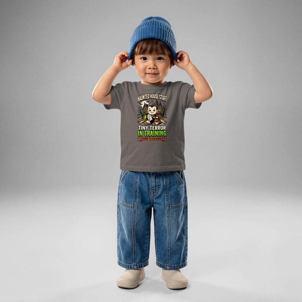 Haunted House Staff Baby “Tiny Terror in Training” Baby Jersey T-Shirt with Tiny Terror in Training front design and matching BABY back graphic for Halloween family outfits